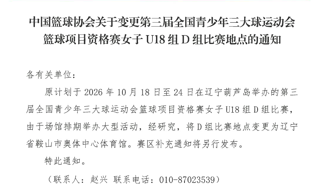 中国篮球协会关于变更第三届全国青少年三大球运动会篮球项目资格赛女子U18组D组比赛地点的通知_长图.png